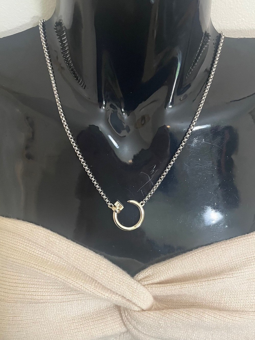 Two Tone Iced Out Bent Nail Necklace Gold and Rhodium Designer Inspired NWOT - Picture 4 of 10